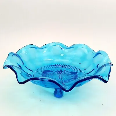 Vintage Turquoise Pressed Glass Davidson  Mayers  Jacobean Shallow 3 Footed Bowl • £16.26