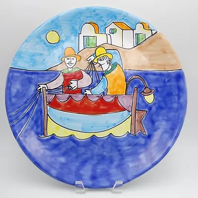 La Musa Italian Pottery Round Platter 14  Mediterranean Fisherman Hand Painted • $58.98