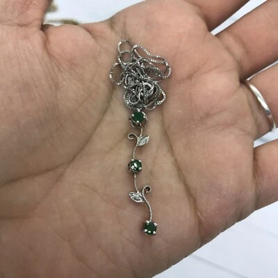 $170 • Buy 10k White Gold Emerald Floral Pendant And Box Chain Necklace 18”