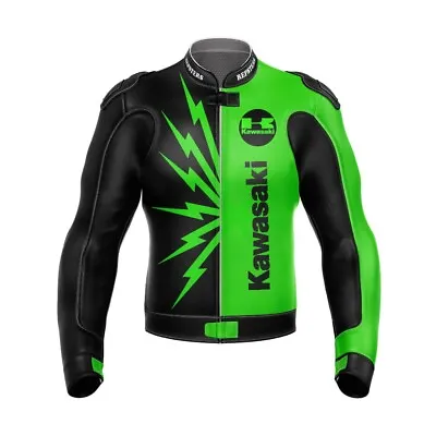 Men's Kawasaki Monster Cowhide Leather Racing Black & Green Motorbike Jacket • $169.99