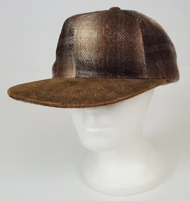 NOS Vintage Wool Leather Visor & Button Hunting Strapback Hat Cap Brown Plaid • $45