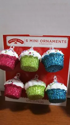 Holiday Time~Set Of 6 GLITTER CUPCAKES MINI TREE Christmas ORNAMENTS~NEW • $13.49