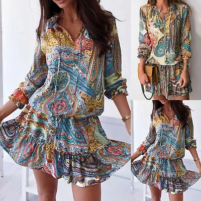 Loose Dress Elastic Waist Ruffled Hem Vintage Print Neck Dress Autumn • $28.20