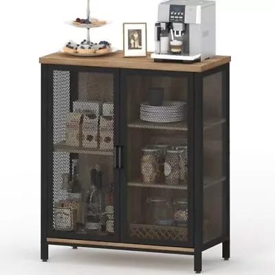  Small Liquor Bar Cabinet For Home Farmhouse Coffee Bar Vintage Oak Two Doors • $257.44