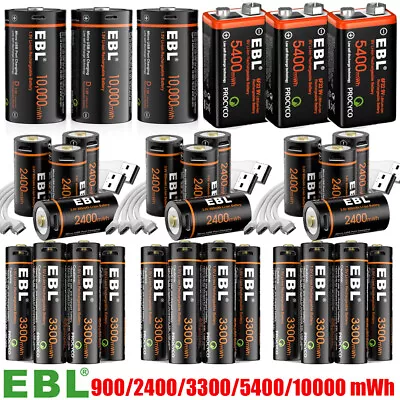 EBL Rechargeable 1.5V AA D 16340 Lithium Batteries 9 Volt USB Li-ion Battery Lot • $44.99