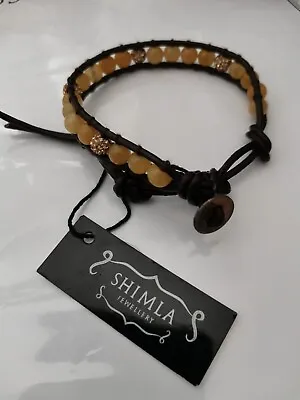 £7.29 • Buy Shimla Yellow Aventurine  And Golden Crystal Beads Leather Wrap Bracelet.
