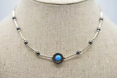 Vintage Elegant Silver Beaded Necklace Gray Blue Faux Stone Tribal Unique BinA • $15.96