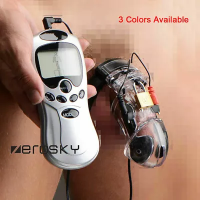 E-Stim Shock Male Chastity Device Cage With Adjustable Cuff Ring Lock Belt BDSM • £12.98