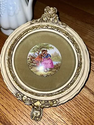 Vintage Fragonard Porcelain Cameo Thick Ornate Cream & Gold Frame Bowed Glass • $18