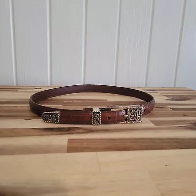 VTG Brighton Belt Women Size 30 Brown Leather Silver Buckle Scroll Work & Accent • $25