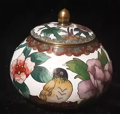 Vintage Cloisonne Enamel Brass Round Trinket Box/Jar W/Butterfly & Bird • $12