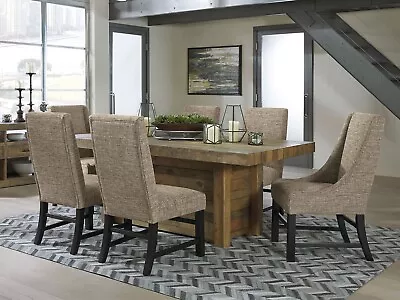 NEW SPECIAL - Modern Brown Pine Dining Kitchen Table & 6 Fabric Chairs Set IC0F • $1947.71