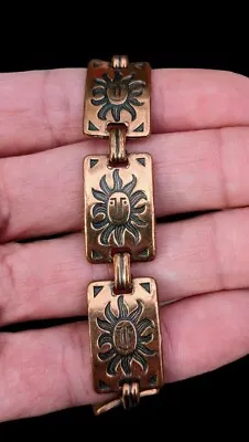 Vintage Copper Smiling Sun Etched Link Bracelet 7.5  • $18