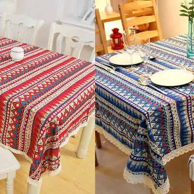 Bohemia Cotton Linen Tablecloth Rectangle Tassel Table Cover Home Decor Red/Blue • £10.79