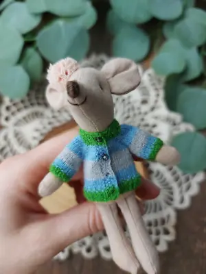 Maileg Mouse Green Sweater. Miniature Doll Blue Shirt. Stuffed Animal • $20