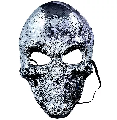 Mens Silver Sequin Skull Masquerade Mask Metallic Cosplay Halloween Fancy Dress • £9.99