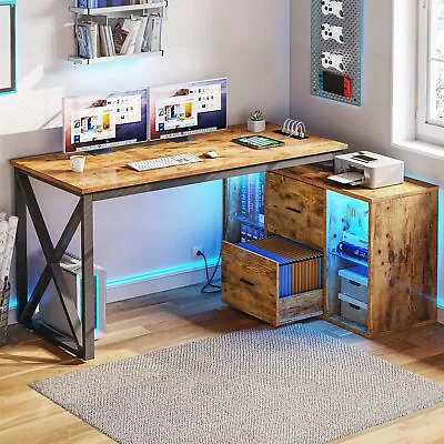 55  L Shaped Desk W/ Power Outlet & Drawers LED Reversible Corner Computer Desk • $156.99