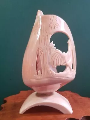 Vintage Hand Carved Sea Shell Folk Art Pink Seashell Rooster & Bamboo Motif 6.5  • $56