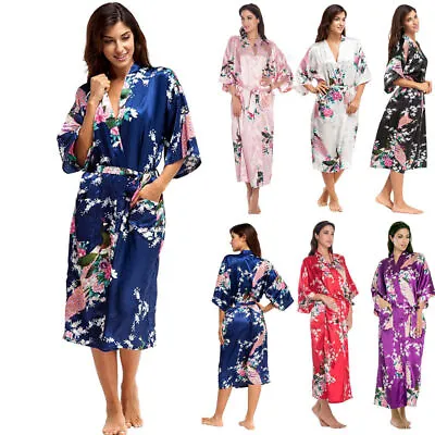 $22.03 • Buy Women Floral Satin Silk Dressing Gown Kimono Robe Bride Night Dress Nightwear