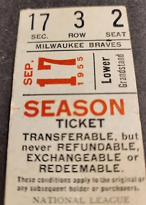 1955  Milwaukee Braves Vs. Cardinals Ticket Stub.    Aaron / Musial • $11.95