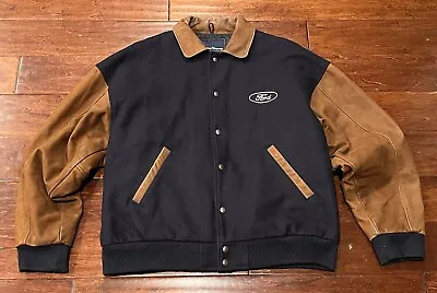 VTG Ford Motor Company Blue Mens Medium Wool Leather Snap Button Varsity Jacket • $89.99