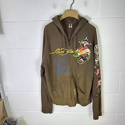 Vintage Ed Hardy Hoodie Mens 2XL XXL Brown Skulls Zip Up Y2K Tattoo Retro 00s • £53.95