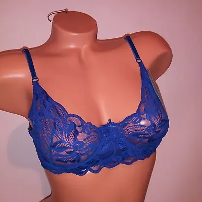 Vintage Bra Lilyette 34C Cobalt Blue Unlined Allover Lace Underwire New • £48.16