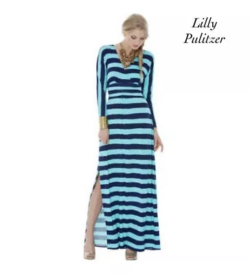 Lilly Pulitzer RIANA Dress Women's XS Turquoise Navy Blue Striped Long Maxi Knit • $36.16