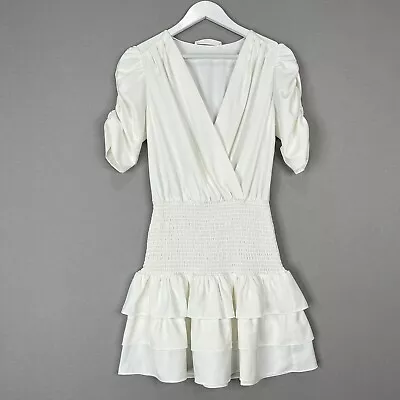 Amanda Uprichard Womens Dress Small White Smocked Ruffle Hem Cocktail Bridal • $45.98