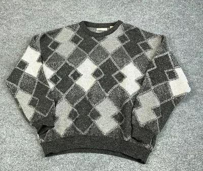 VTG 90s Gray Diamond Argyle Wool Sweater Adult XL Italy Made Pullover Dad Style • $24