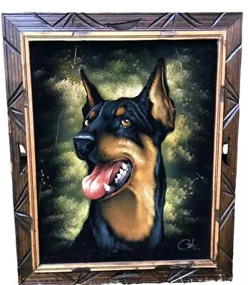 Vintage Doberman Pinscher Black Velvet Painting Signed Dog Art Mexico 24  X 20  • $95