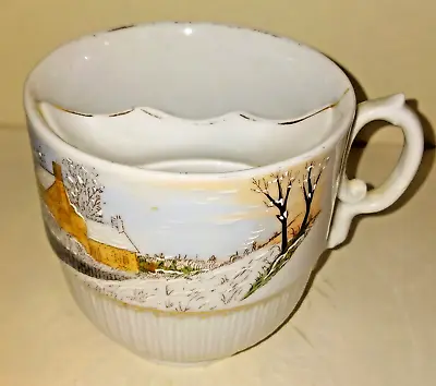 Beautiful Antique Victorian Mustache Cup With Hand Painted Winter Cottage Scene • $95