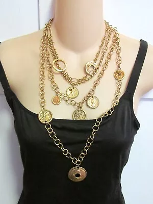 Vintage Chico's Heavy Gold Tone Medallion Coin Necklace- Multi Chain Drapes- 19  • $1.99