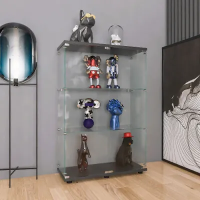 Two-door Black Glass Display Cabinet Loor Standing Curio Bookshelf With 3 Shelve • $229.95
