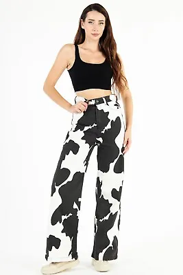 Women's High Waist Cow Pattern Milka Palazzo Wide Leg Jeans Loose Denim Pants • £66.42