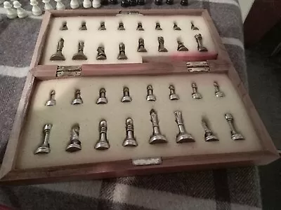 Chess Set Metal  And Board Wood Folding Vintage Lots Of Extras • £21