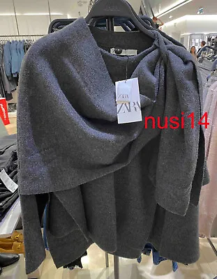 Zara New Woman Short Knit Coat With Asymmetric Scarf Grey S-ml-xl 2756/100 • $63.88