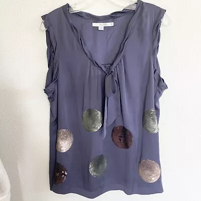 Boden 100% Silk Top Sequin Detail Sleeveless Gray Purple US 12 Tie Front Artsy • $12.80