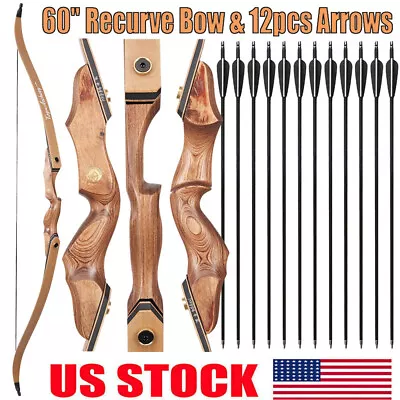 60in Archery Wooden Recurve Bow +12pcs Carbon Arrows 30-50lbs.Hunting / Target • $112.79