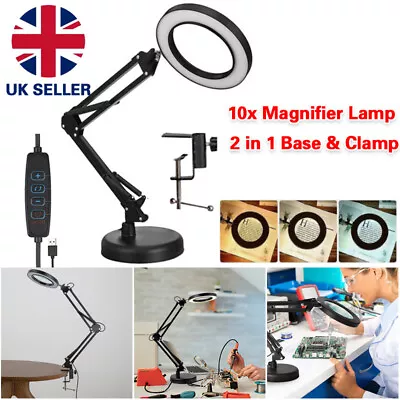 LED Desk RepairLamp 10X Magnifier Glass With Light Stand Clamp Beauty Magnifying • £15.95