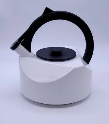 $24 • Buy White Enamel Black Handle Tea Kettle Teapot Stove Top Geometric Futuristic Shape