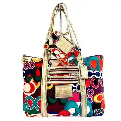 Coach Poppy Pop C Gold Metallic Glitter Trim Multi Glam Tote + Wristlet Set • $228