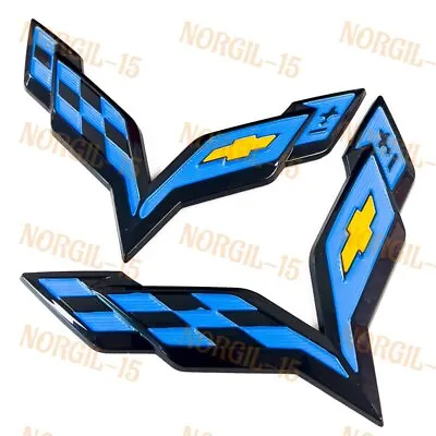 New For Corvette C7 2014-2019 Front & Rear Set Cross Flags Emblem Sport Blue • $29.78