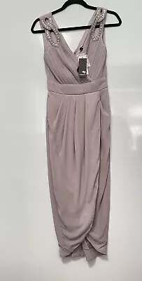 TFNC Faux Wrap Midi Bridesmaid Dress Embellished Shoulders Size 6 Mink Grey Bnwt • £38.99