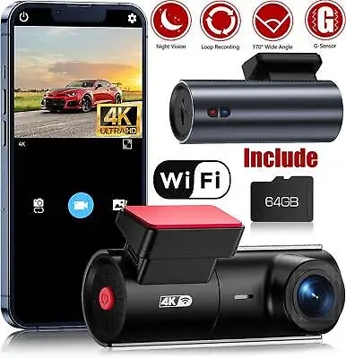 4K UHD 2160P Dash Cam WiFi Mini Dash Camera Night Vision Car Camera 64GB Card • £48.99