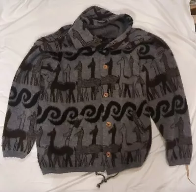 Hand Made Ecuador Wool Cardigan Llama Inca Sweater Unisex Full Zip Hood XL READ • $20