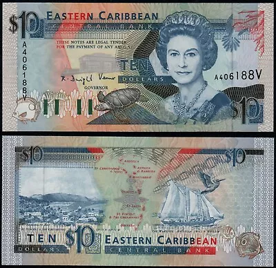 East Caribbean States 10 Dollars (p27v) N. D. (1993) Qeii Suffix V Unc • £40.99