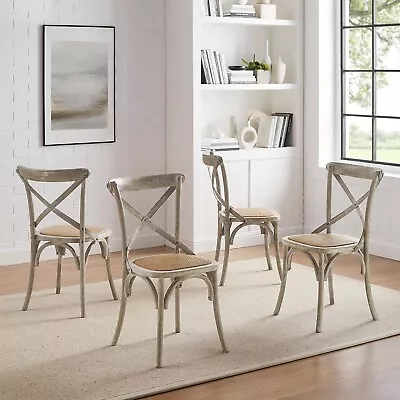 Modway Gear Rustic Modern Farmhouse Elm Wood Rattan Four Dining Chairs In Gray • $441.01