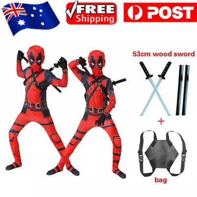 Kids Boy Deadpool Cosplay Costume Fancy Dress Book Week Mask Superhero Jumpsuit • $27.99