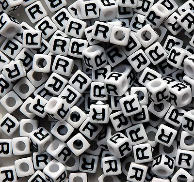 Letter R - 100pc 7mm Alphabet Beads White With Glossy Black Letters • $5.99